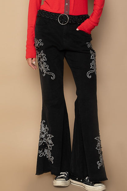 POL Raw Hem Embroidered Flare Pants