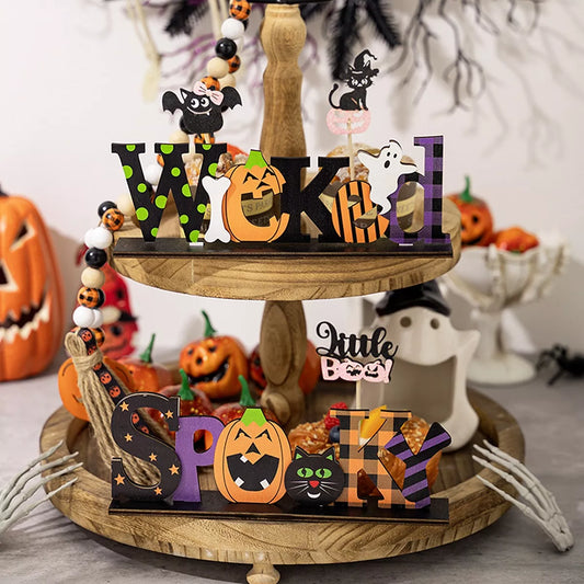 Halloween decorative object set featuring spooky wooden signs with Wicked and Spooky designs, ideal for Halloween decor.