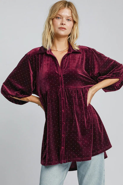 Umgee full size polka dot button-up shirt with half sleeves, featuring a classic design and stylish pattern.