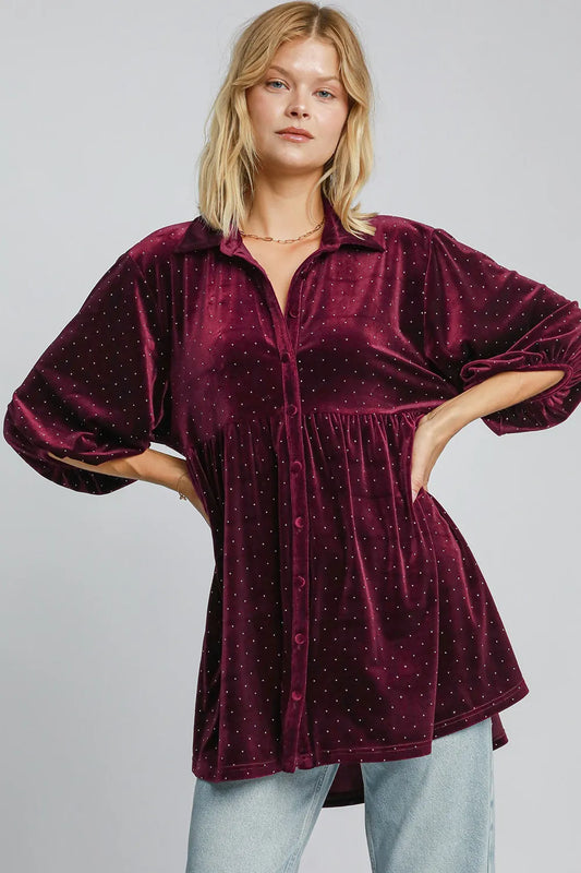 Umgee full size polka dot button-up shirt with half sleeves, featuring a classic design and stylish pattern.