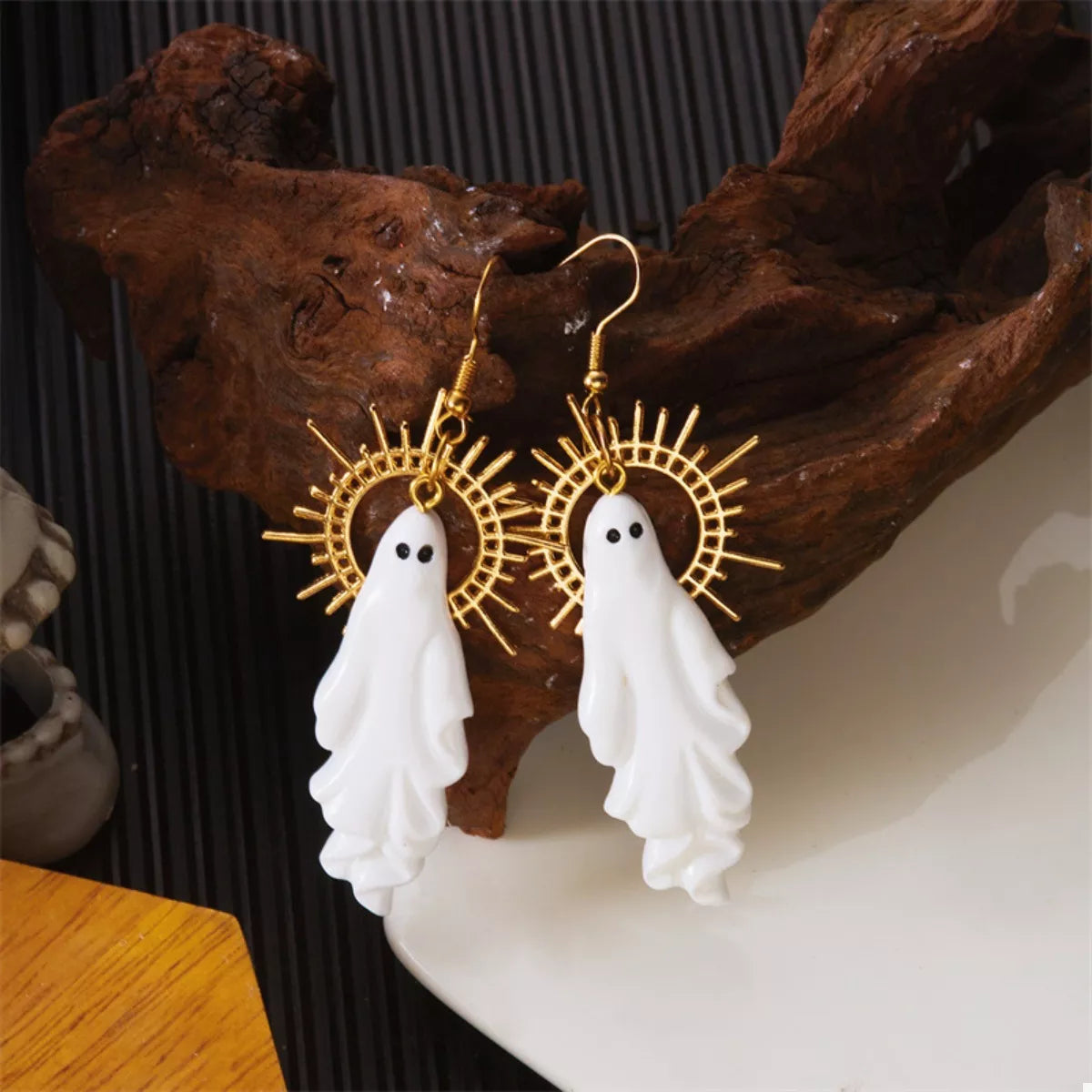 Halloween Sunburst Ghost Drop Earrings by Trendsi featuring spooky ghost design with sunburst accents, perfect for Halloween accessories.