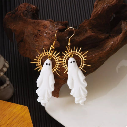 Halloween Sunburst Ghost Drop Earrings by Trendsi featuring spooky ghost design with sunburst accents, perfect for Halloween accessories.