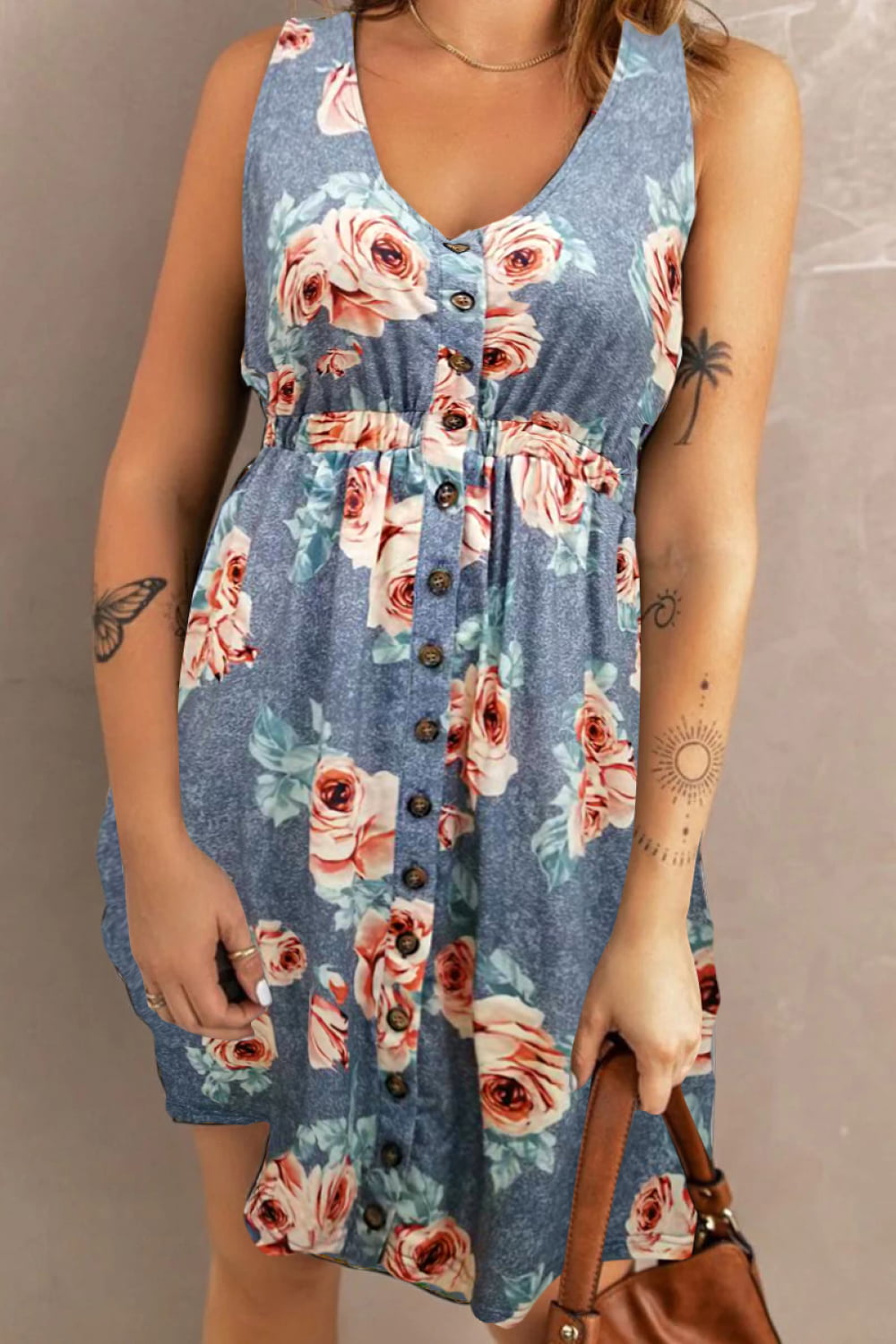 Trendsi double take printed sleeveless casual dress with front buttons, ruched waist, side slit, and side pockets.