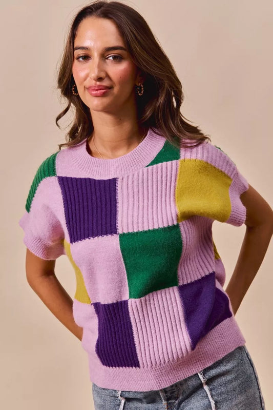 Trendsi SO ME Mardi Gras check plaid casual sweater top with a relaxed fit and vibrant pattern, ideal for casual wear.