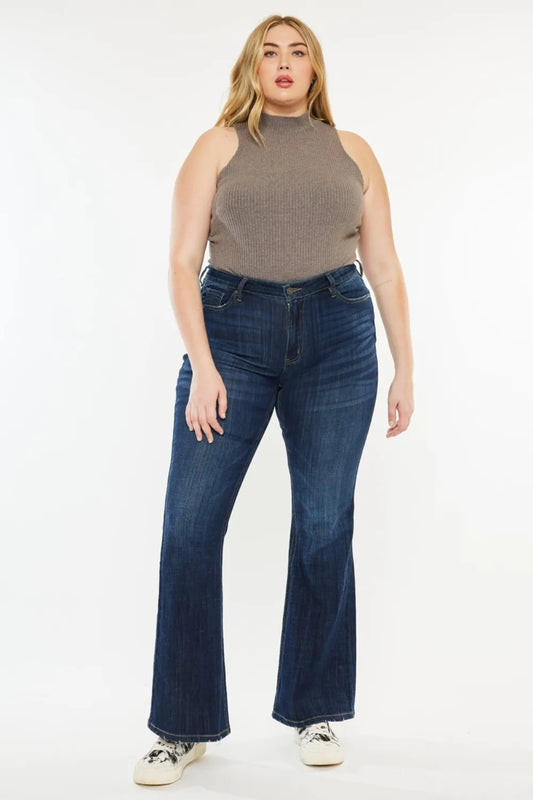 Full view of Kancan mid rise flare jeans from Trendsi, showcasing classic denim style with a fitted waist and flared leg design.