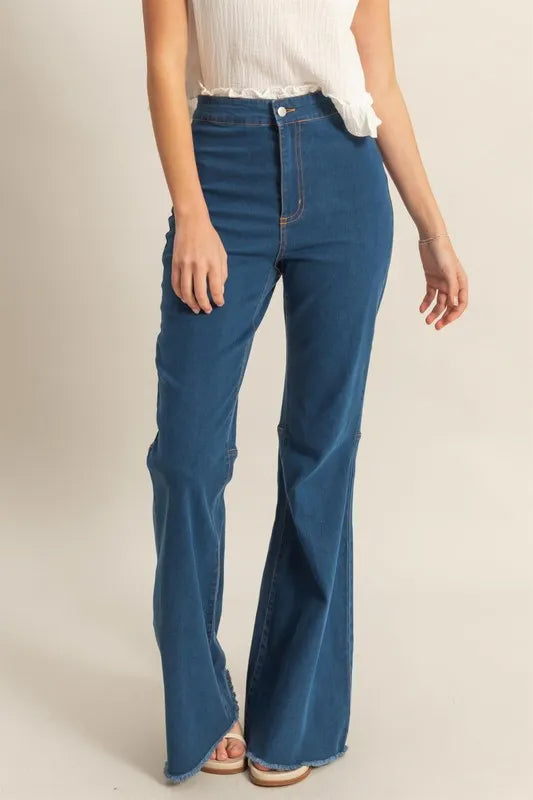 Trendsi HYFVE raw hem high-waist washed flared jeans displayed on a model showing the fit and distressed denim details.