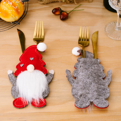 Set of three faceless gnome cutlery holders in neutral tones, featuring whimsical gnome designs perfect for kitchen organization.