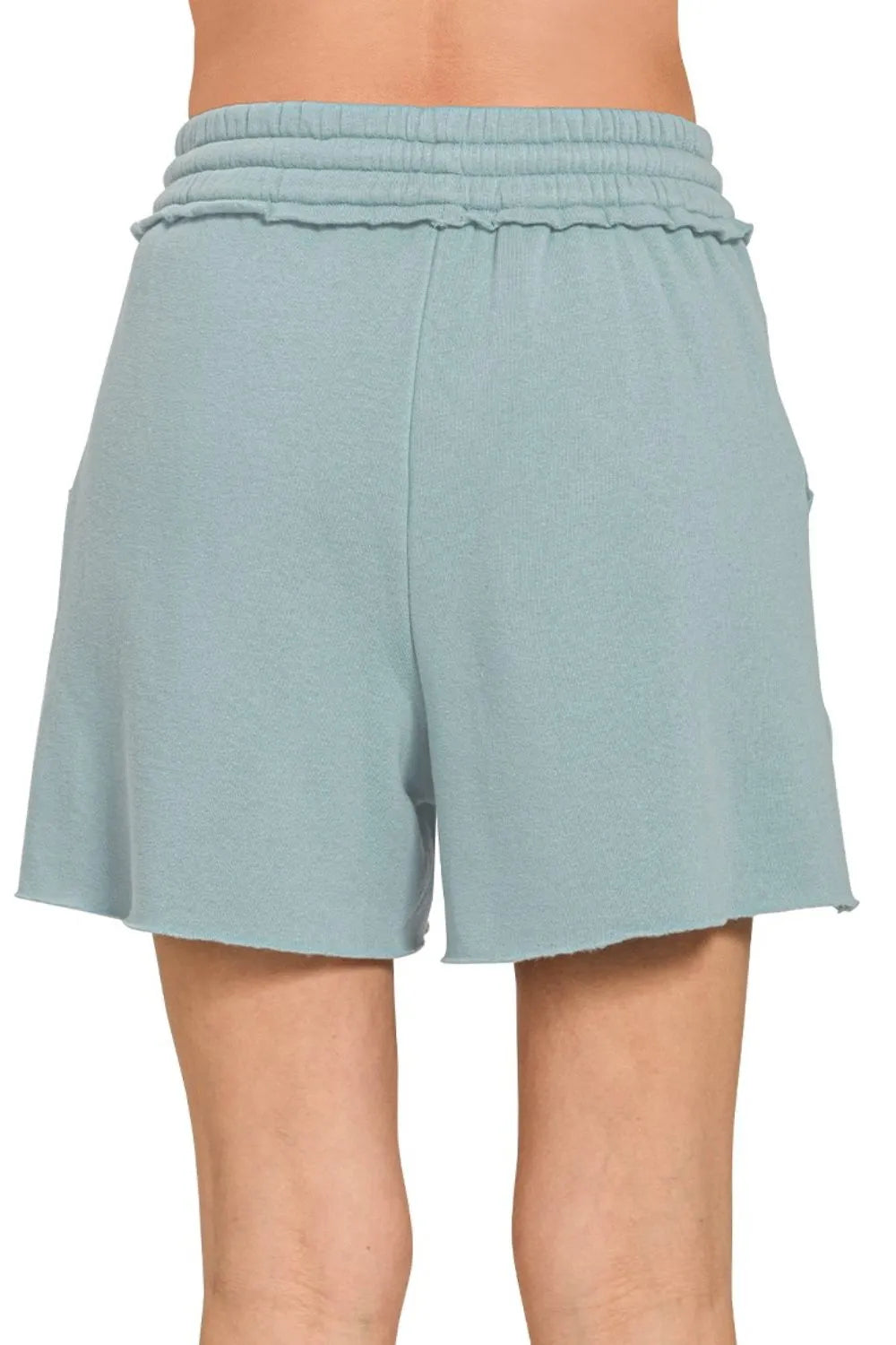 Zenana fleece raw hem shorts with drawstring, casual women's loungewear in soft fleece fabric, natural fit and relaxed style.