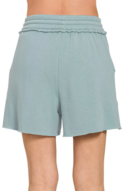Zenana fleece raw hem shorts with drawstring, casual women's loungewear in soft fleece fabric, natural fit and relaxed style.