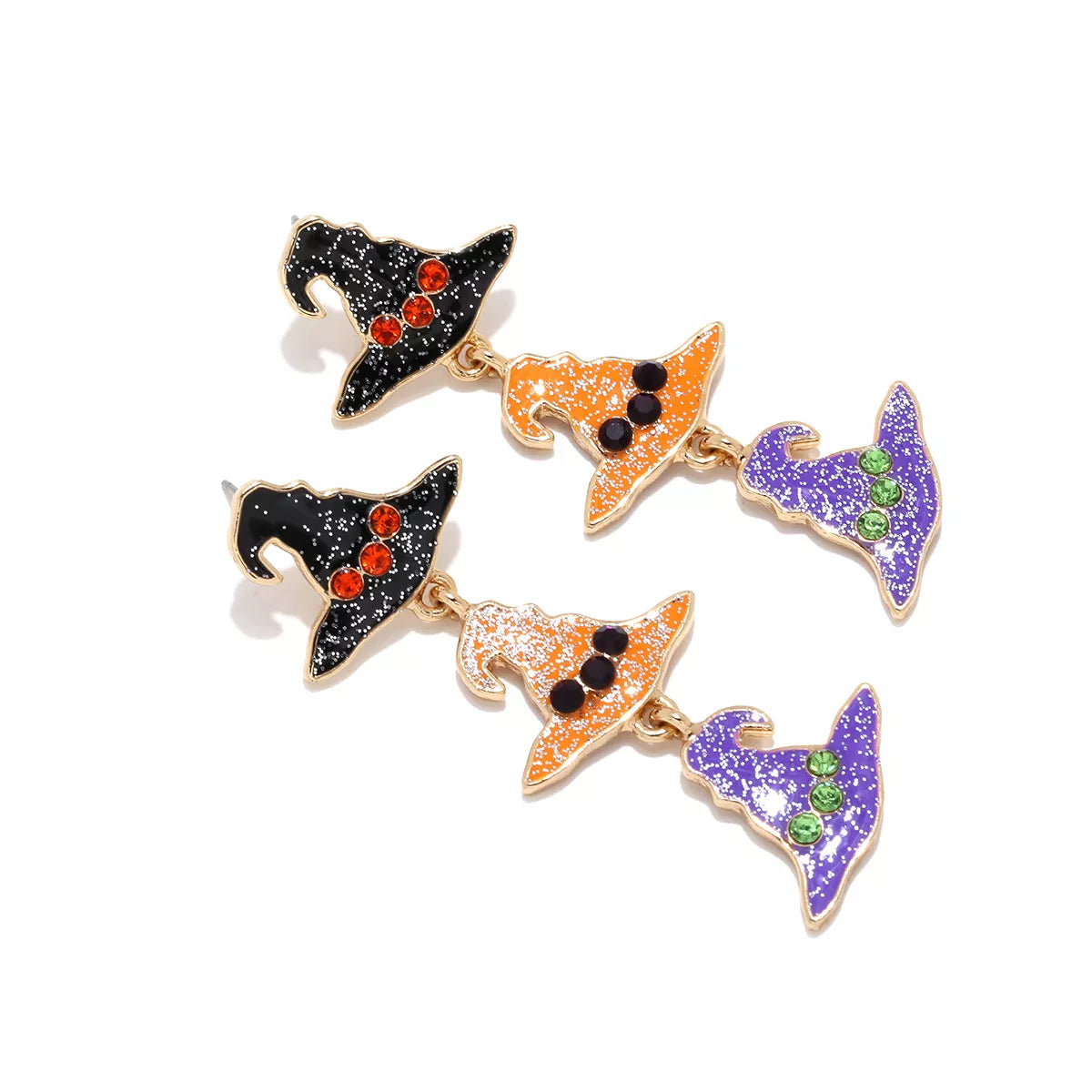 Halloween witch hat drop earrings featuring black and orange design with spooky witch hat charms, perfect for Halloween accessories.