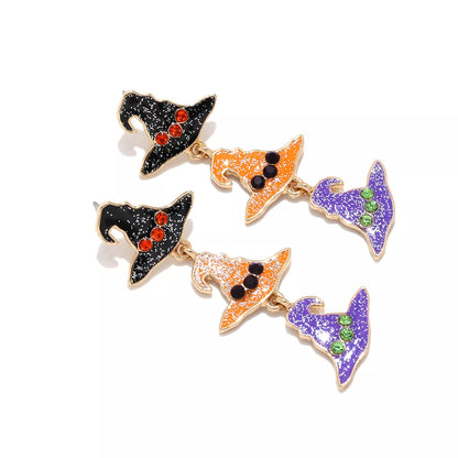 Halloween witch hat drop earrings featuring black and orange design with spooky witch hat charms, perfect for Halloween accessories.