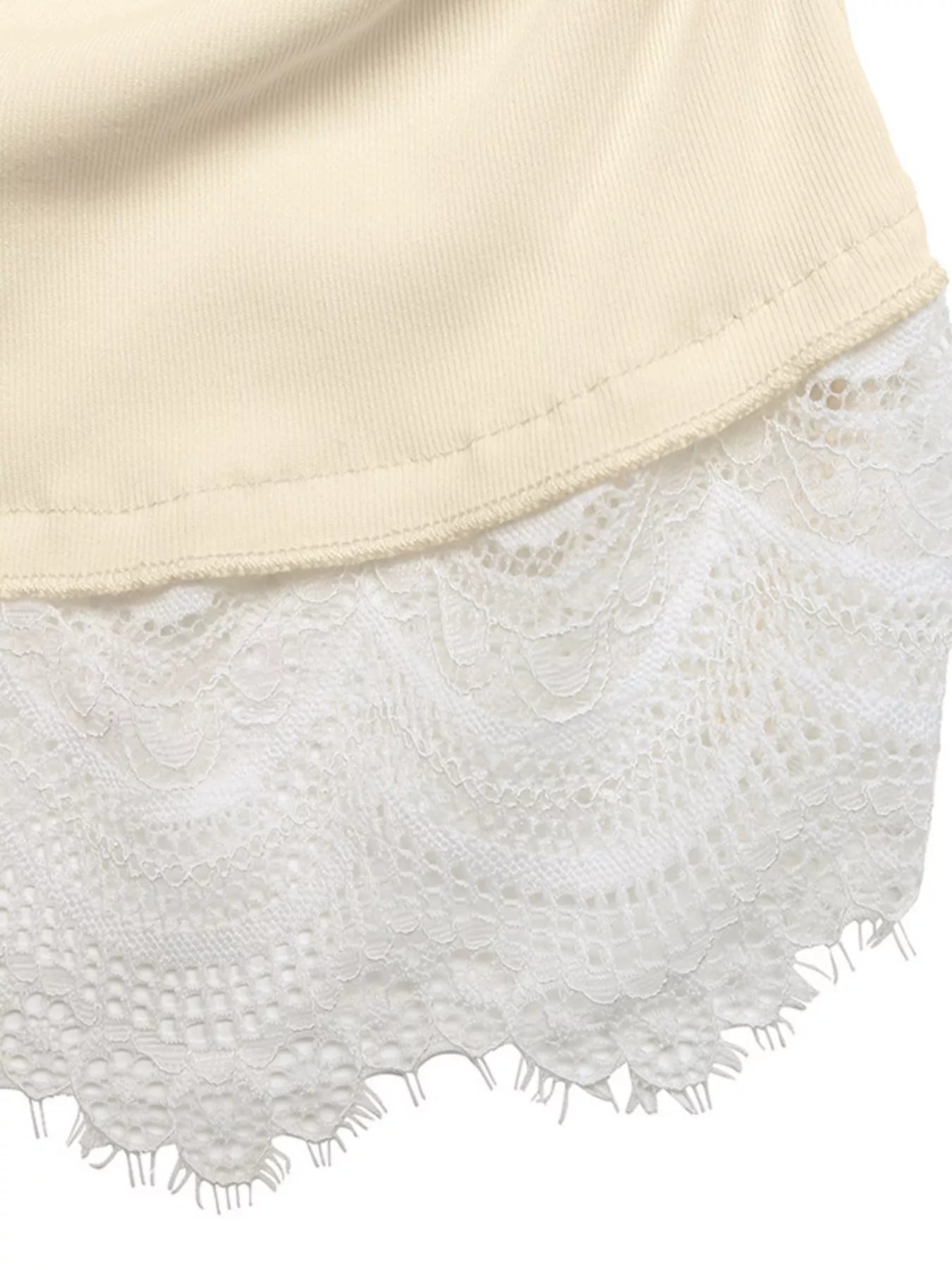 Apricot long sleeve T-shirt with delicate lace trim from Trendsi, featuring a relaxed fit and soft fabric.