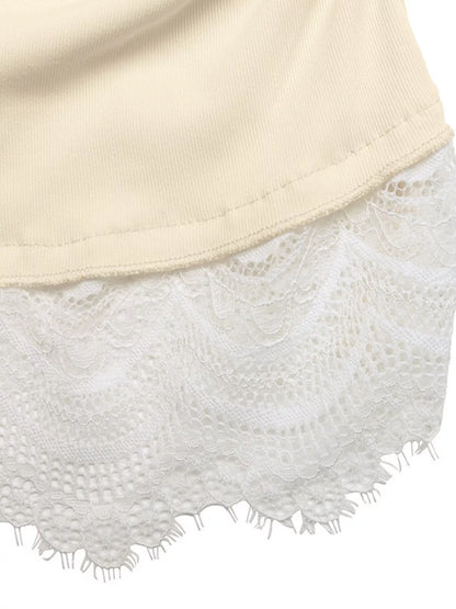 Apricot long sleeve T-shirt with delicate lace trim from Trendsi, featuring a relaxed fit and soft fabric.