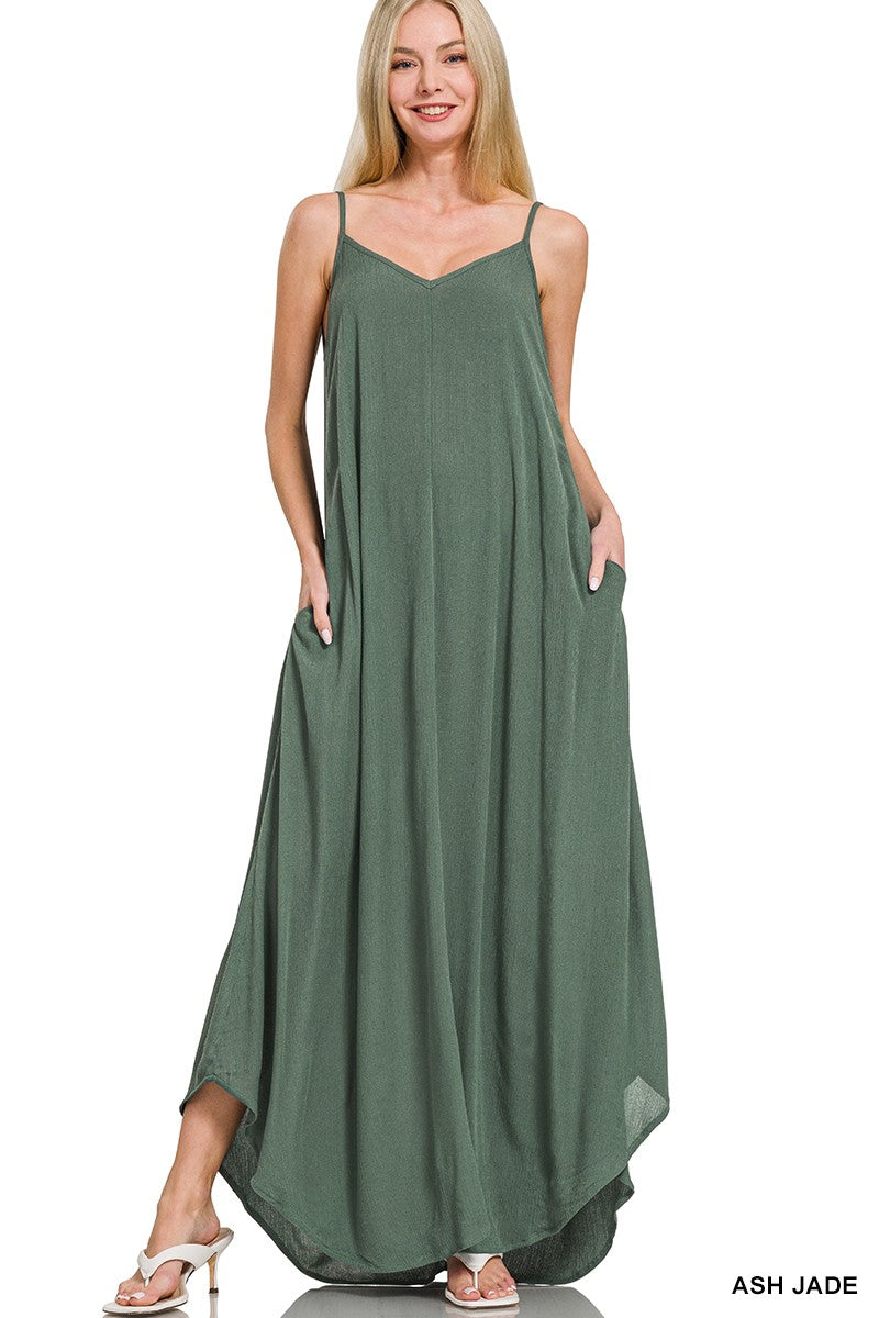 Ash jade Zenana woven crinkle cami maxi dress with side pockets, featuring a relaxed fit and stylish design.