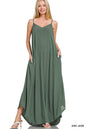 Ash jade Zenana woven crinkle cami maxi dress with side pockets, featuring a relaxed fit and stylish design.