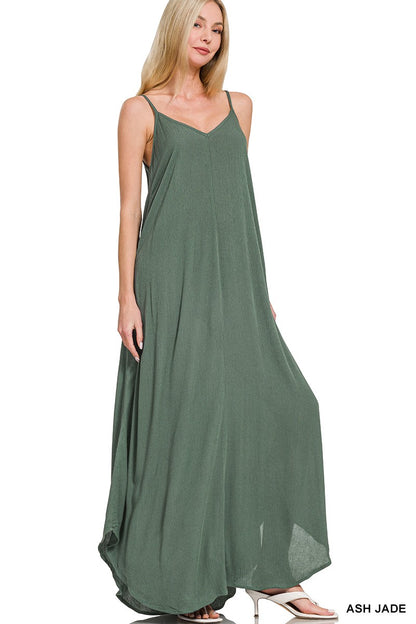 Ash jade Zenana woven crinkle cami maxi dress with side pockets, featuring a relaxed fit and stylish design.