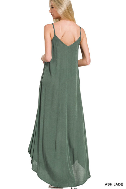 Ash jade Zenana woven crinkle cami maxi dress with side pockets, featuring a relaxed fit and lightweight fabric.