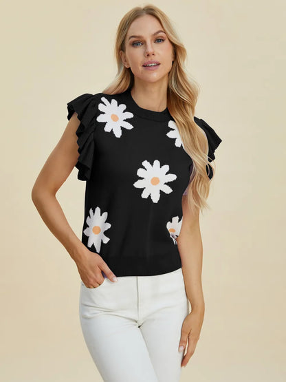 Trendsi Double Take full-size ruffled flower round neck cap sleeve sweater, featuring floral embroidery and cozy knit fabric.