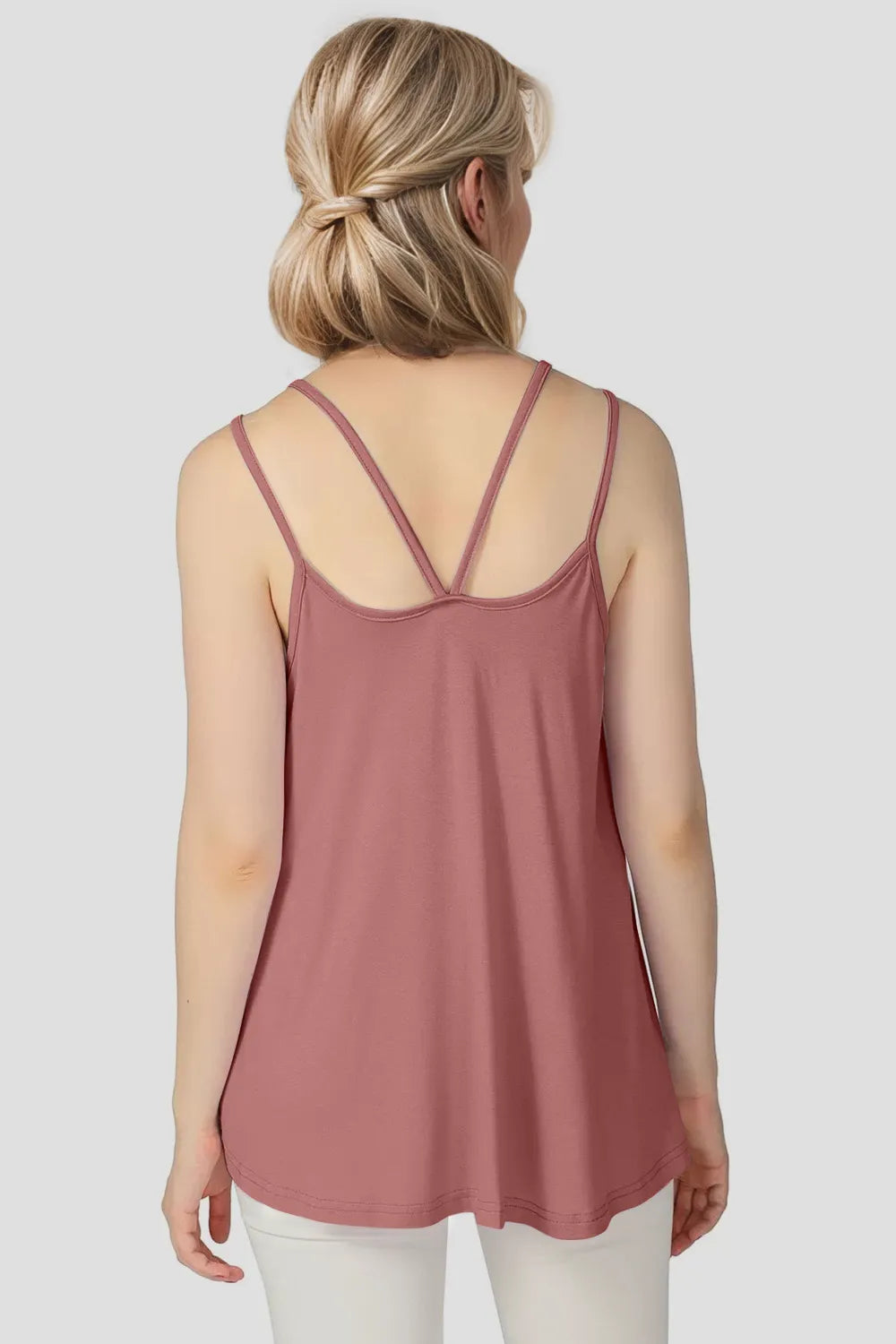 Basic Bae bamboo cami with scoop neck and double spaghetti straps, in soft, lightweight fabric, perfect for casual wear.