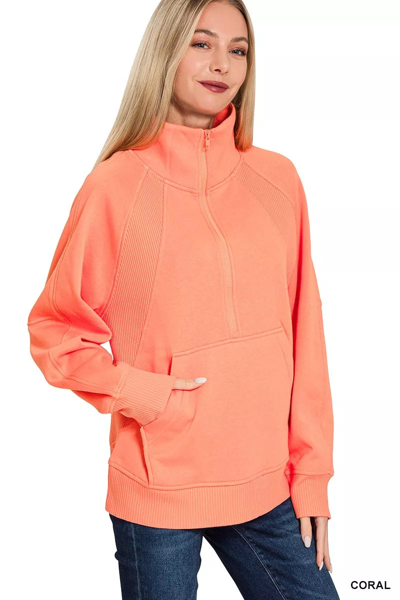 Zenana half zip fleece sweatshirt with kangaroo pocket, soft cozy material perfect for casual wear and layering.