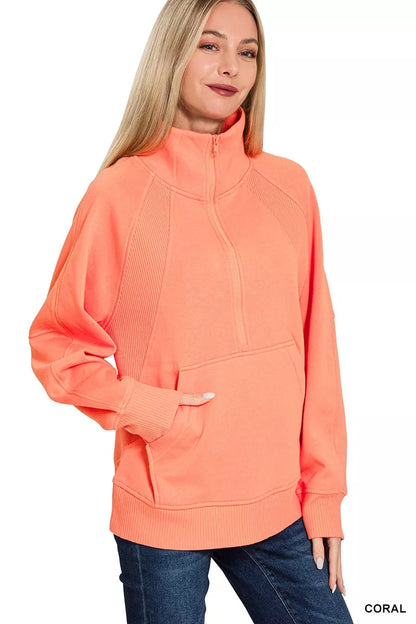 Zenana half zip fleece sweatshirt with kangaroo pocket, soft cozy material perfect for casual wear and layering.