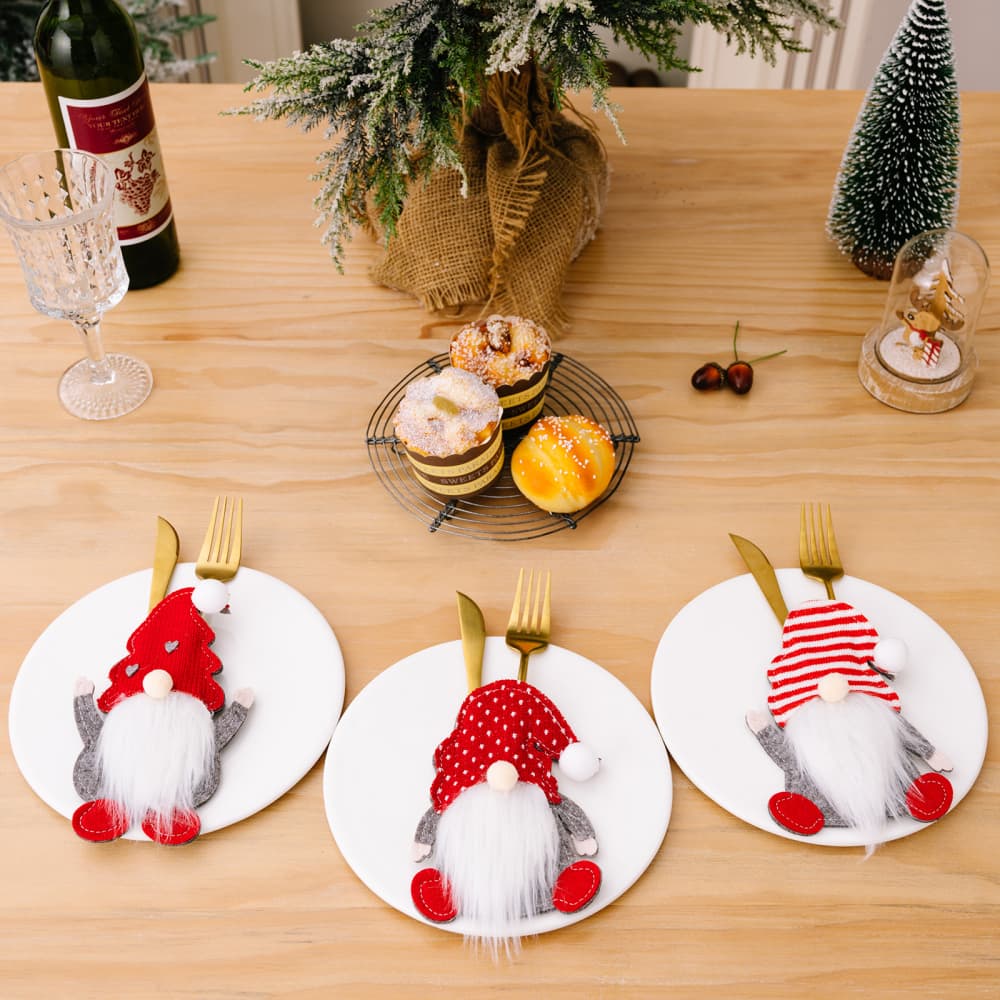 Faceless gnome cutlery holders set by Trendsi, featuring three whimsical ceramic figures for kitchen or table decor.