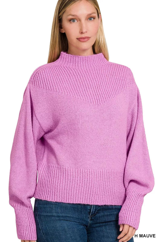 Pink Zenana balloon sleeve mock neck sweater with ribbed cuffs and hem, featuring a cozy, stylish design.