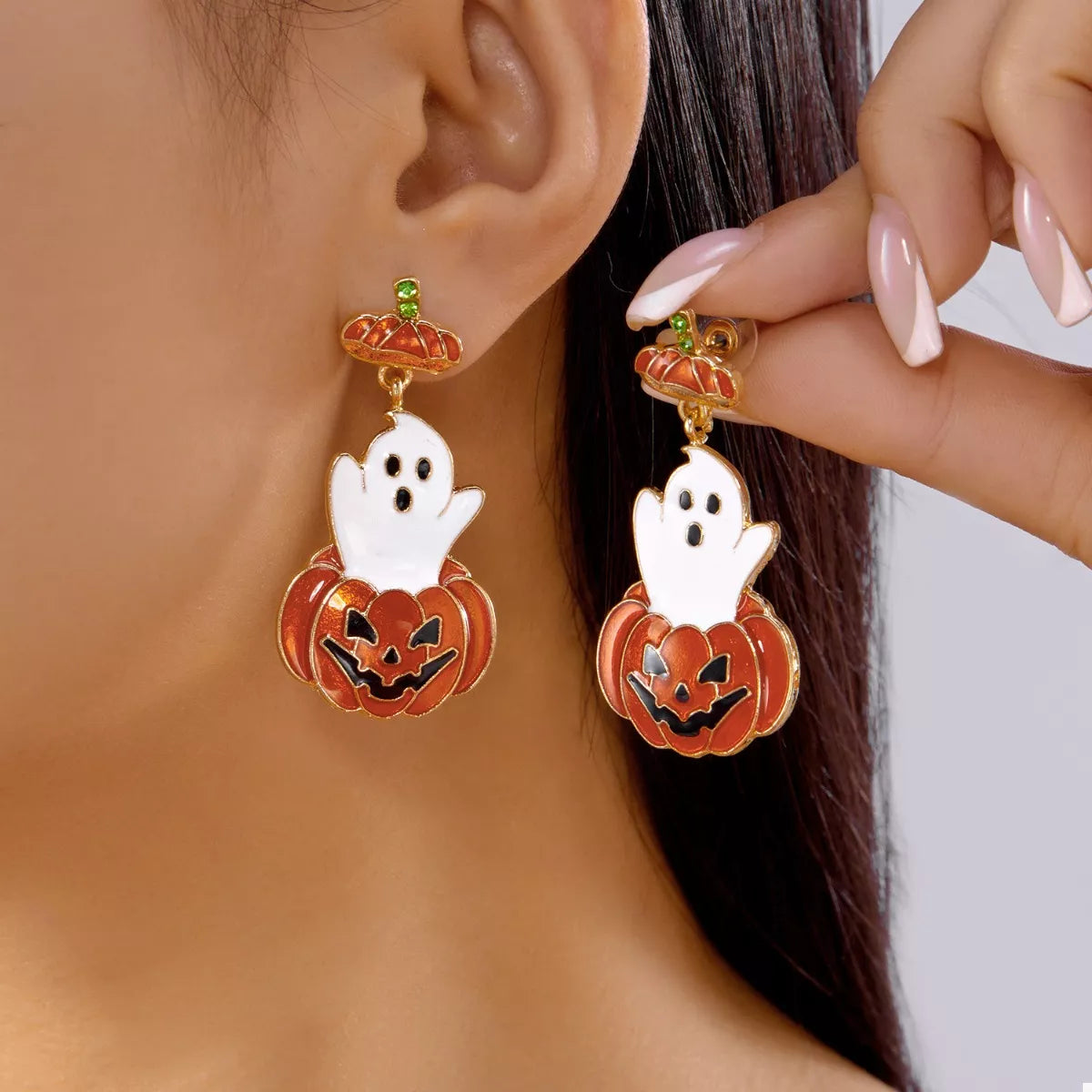 Halloween Ghost Pumpkin dangle earrings with spooky ghost and pumpkin charms, perfect for Halloween costume accessories
