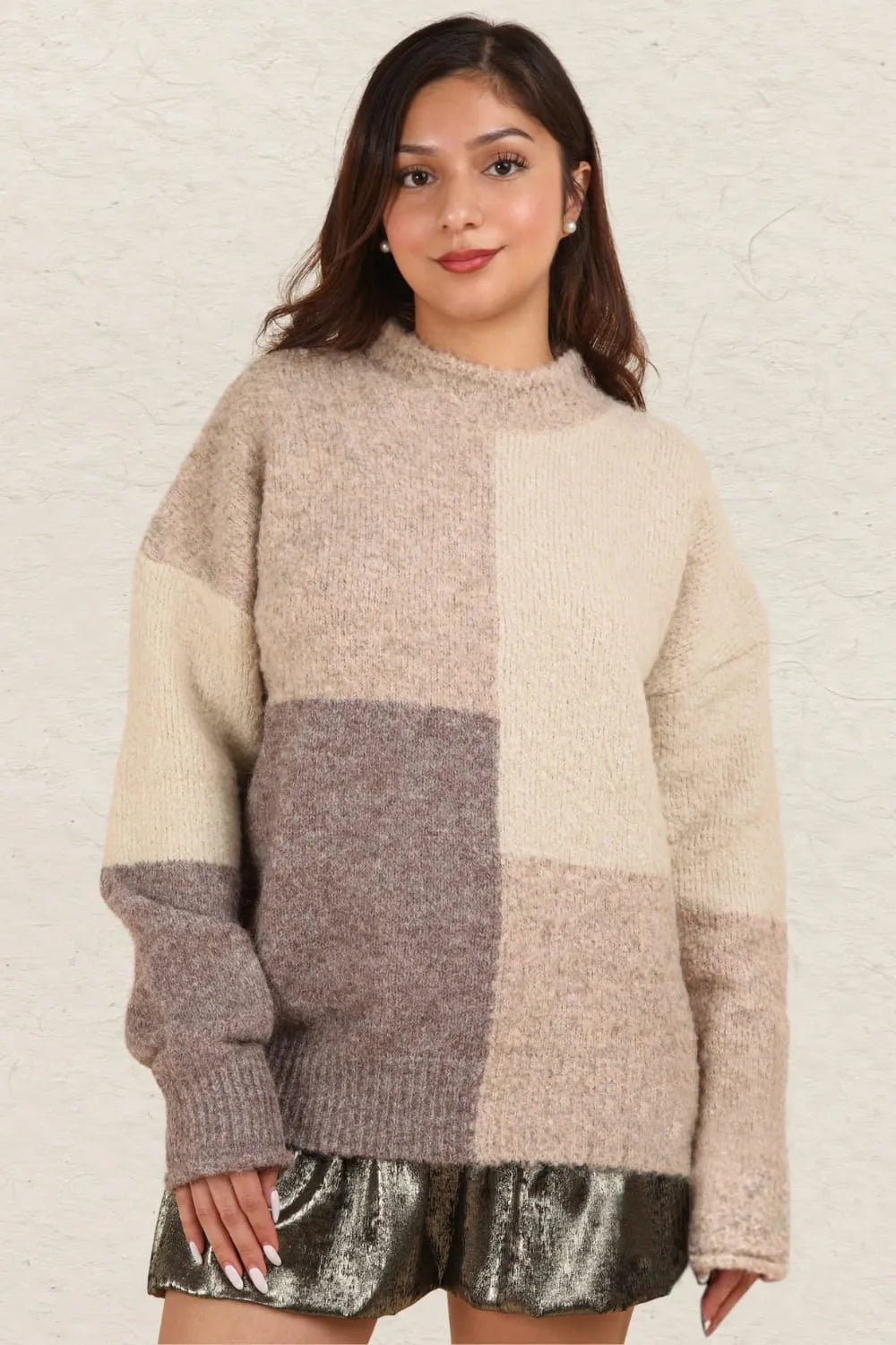 Color block mock neck drop shoulder sweater by Trendsi featuring a stylish design and cozy fit, shown in the product image.