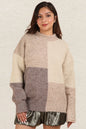Color block mock neck drop shoulder sweater by Trendsi featuring a stylish design and cozy fit, shown in the product image.