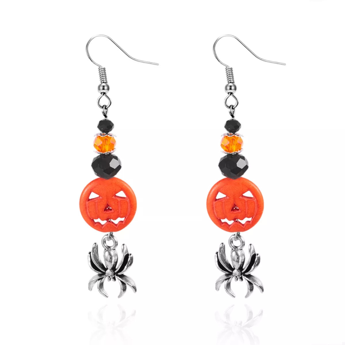 Halloween Spider Pumpkin Drop Earrings featuring spooky pumpkin and spider charms, perfect for festive fall accessories.
