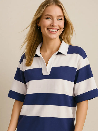 Oh Pima cotton color block Johnny collar half sleeve top by Trendsi with contrasting wash tones and classic design.