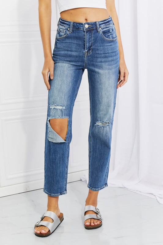 Light blue RISEN Emily high rise relaxed jeans, full size, with a classic five-pocket design and casual fit.