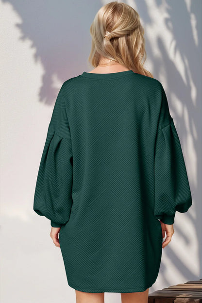 Trendsi double take drop shoulder lantern sleeve mini dress with textured fabric and pockets, stylish and comfortable for casual wear.