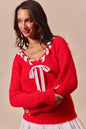 Trendsi SO ME Satin Tape Braided Ribbon Tie V Neck Sweater featuring a soft satin ribbon detail and a classic V neckline.