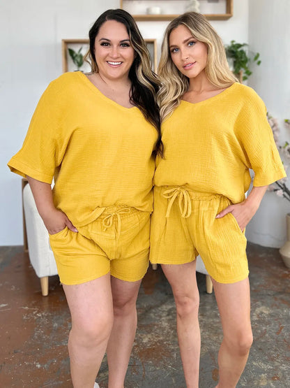 Trendsi double take texture half sleeve T-shirt and drawstring shorts set, casual outfit with textured fabric and comfortable fit.
