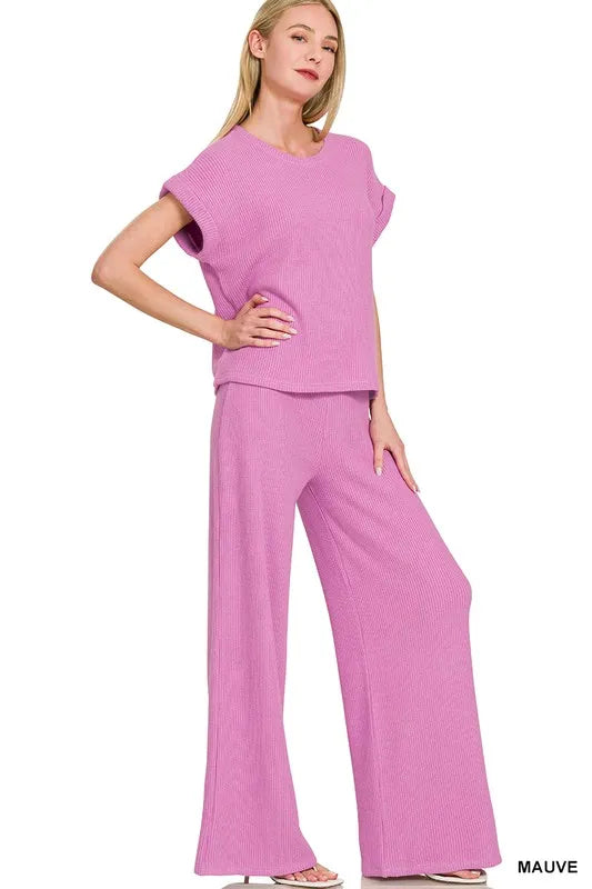 Zenana rolled sleeve top and pants sweater set in soft knit fabric, featuring a cozy, casual style with relaxed fit and modern design.