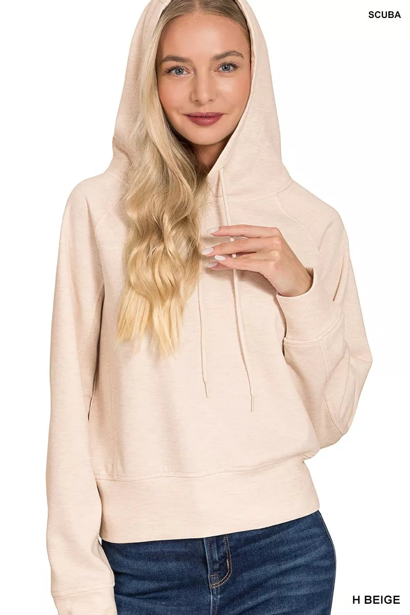 Zenana drawstring scuba hoodie from Trendsi, featuring a comfortable fit and stylish design in a soft, stretch fabric.