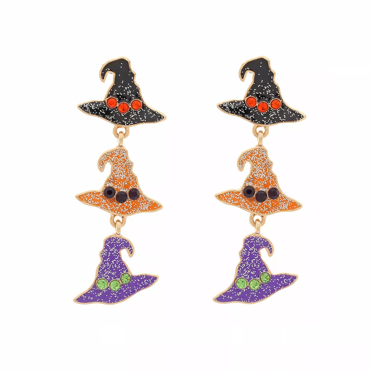 Halloween witch hat drop earrings featuring black witch hat charms on silver hooks, perfect for spooky costume accessories.