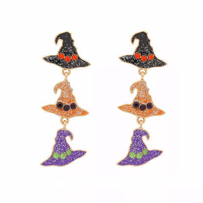 Halloween witch hat drop earrings featuring black witch hat charms on silver hooks, perfect for spooky costume accessories.
