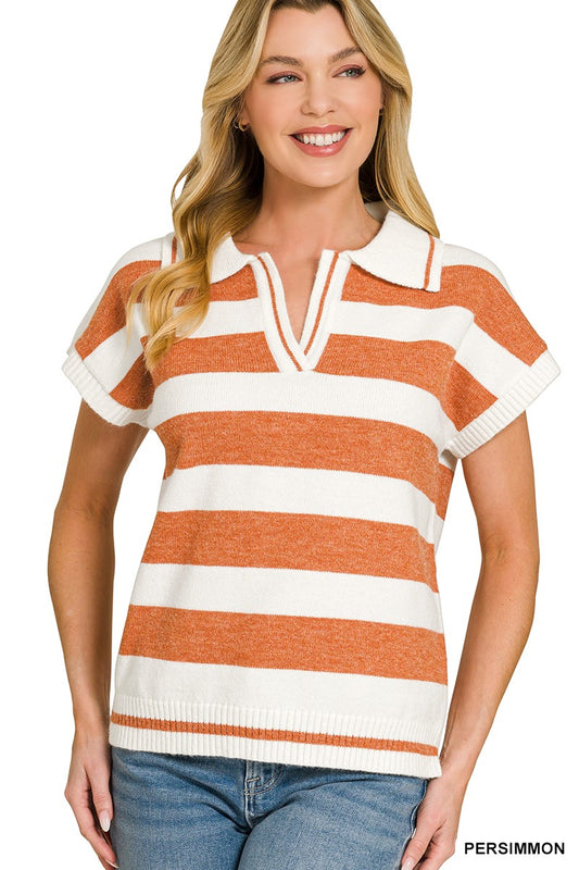 Striped Zenana short sleeve sweater with a collared design, featuring a classic fit and bold stripe pattern.