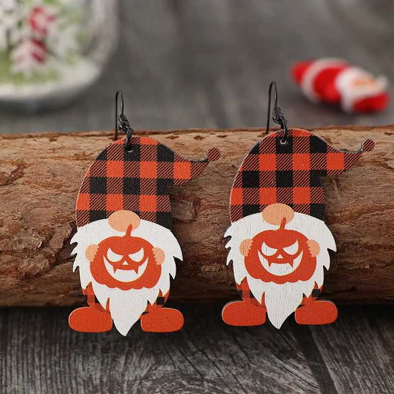 Wooden Dwarfs Pumpkin Dangle Earrings with carved pumpkin design, lightweight and stylish for autumn or fall fashion accessories.