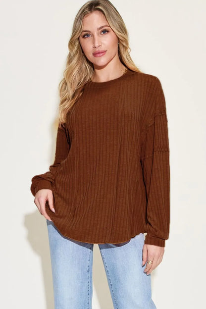 Basic Bae ribbed long sleeve T-shirt with round neckline, in a full size, by Trendsi, shown in a neutral color.