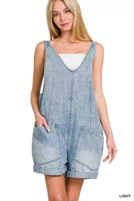 Denim short overalls by Trendsi featuring a relaxed fit, adjustable straps, and distressed details on light-wash denim.