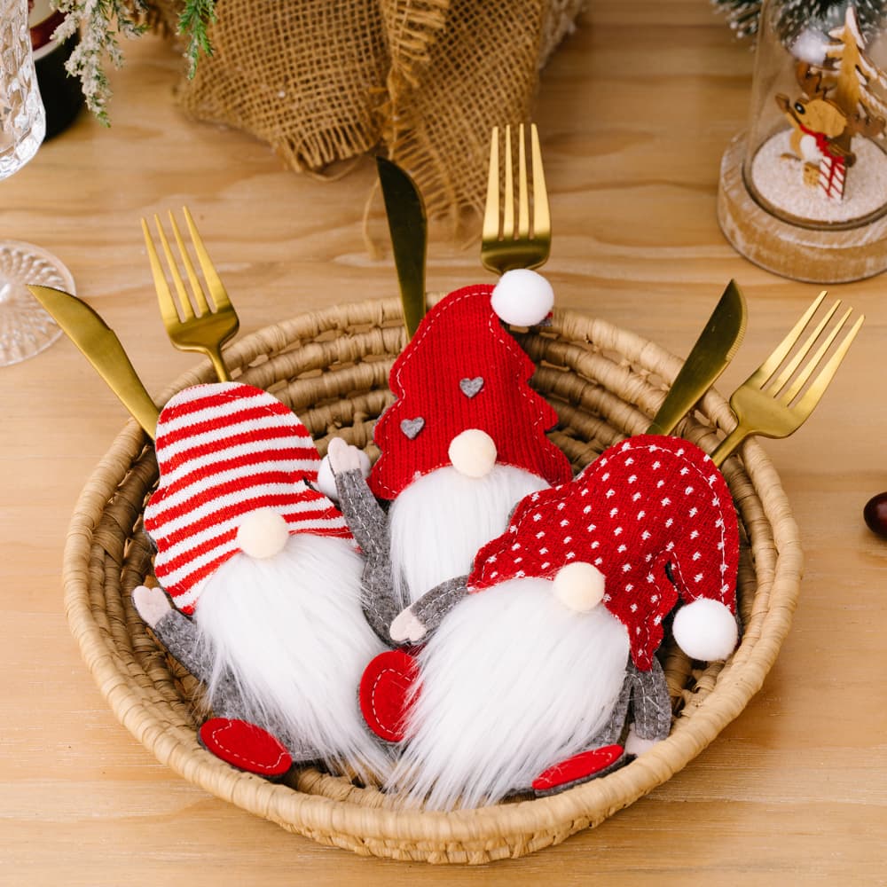 Faceless gnome cutlery holders set with three whimsical ceramic figures for kitchen or table decor, by Trendsi.
