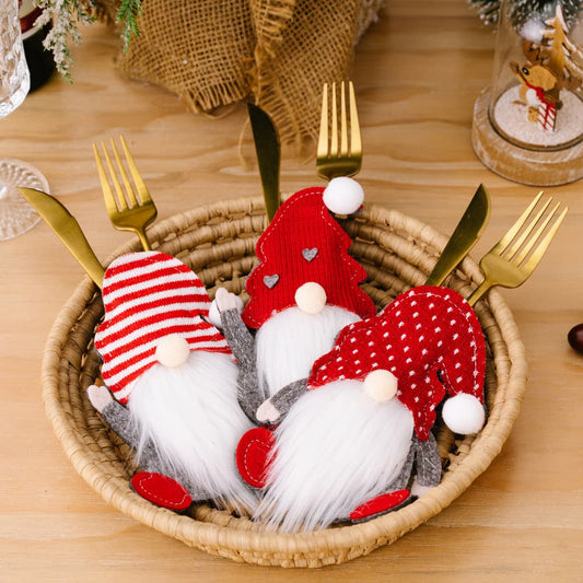 Faceless gnome cutlery holders set with three whimsical ceramic figures for kitchen or table decor, by Trendsi.