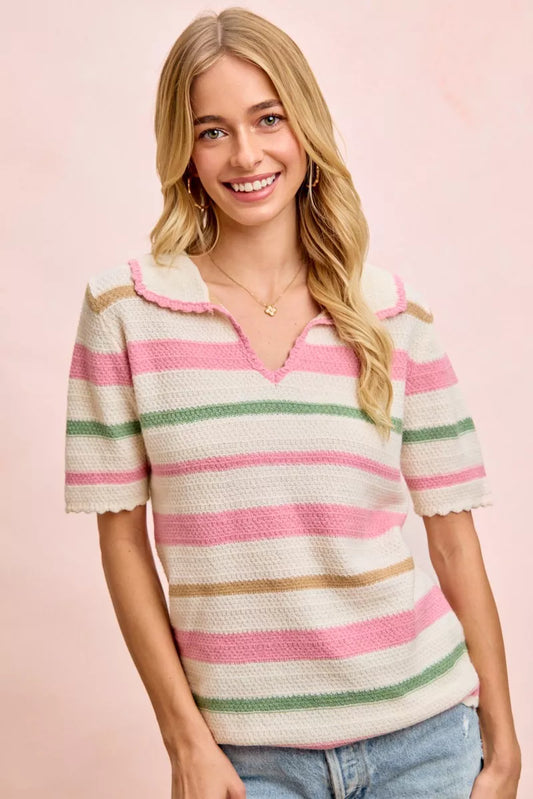 Colorful striped collared knit top by Trendsi featuring multi-color stripes and a classic collar design.