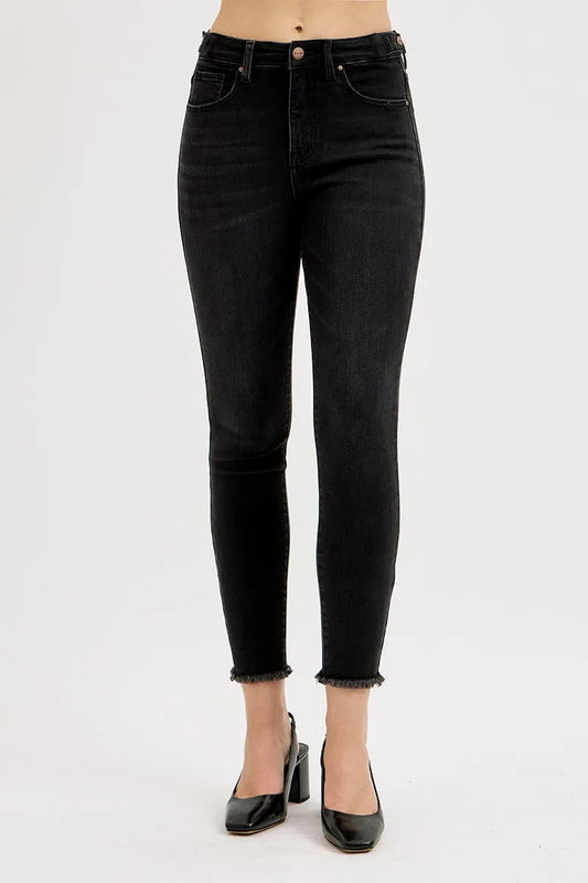 Plus size RISEN high rise skinny jeans with tummy control and adjustable waist from Trendsi, shown in a full size fit.