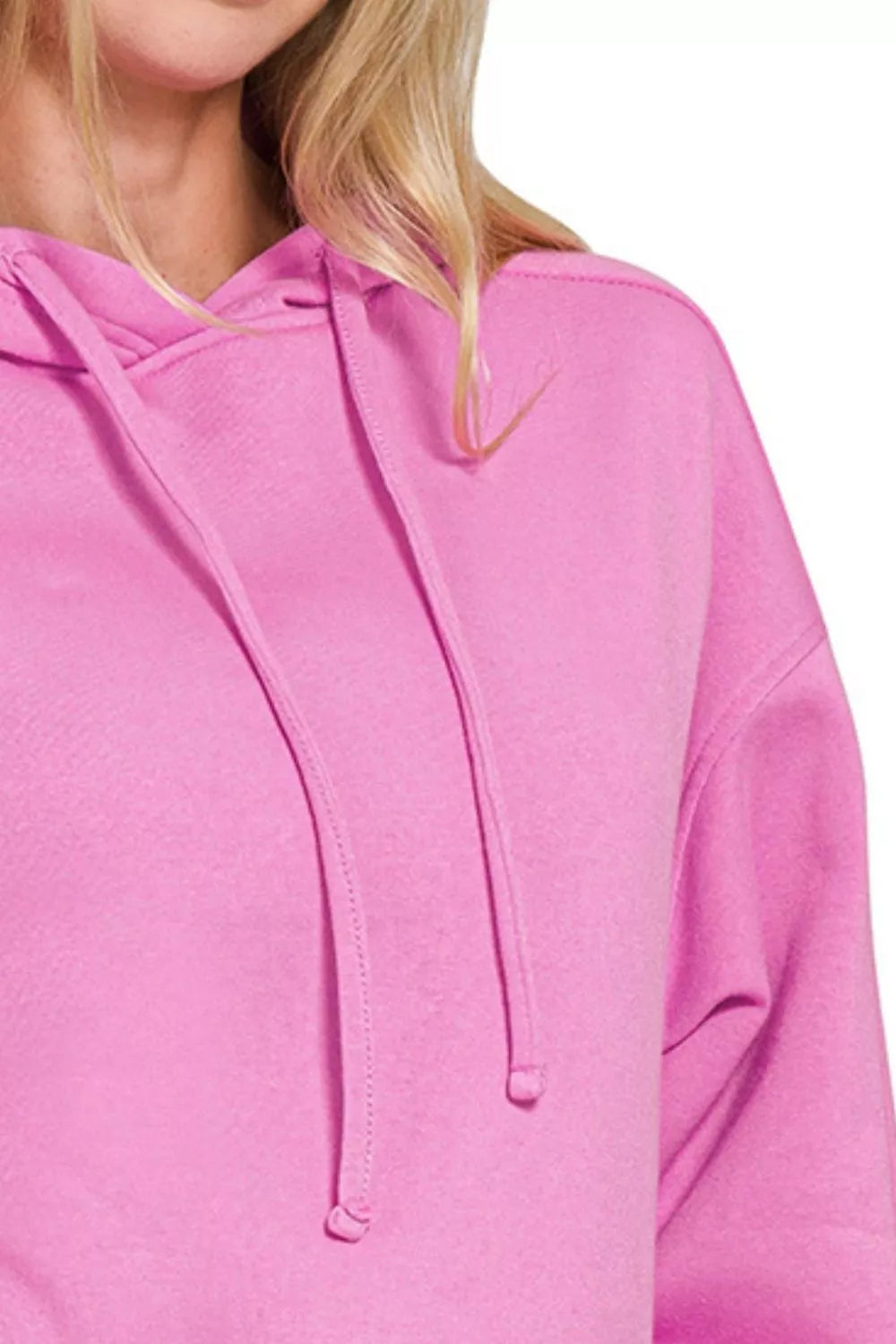 Zenana relaxed fit fleece hoodie with drawstring, soft and cozy in a casual style, perfect for comfortable everyday wear.