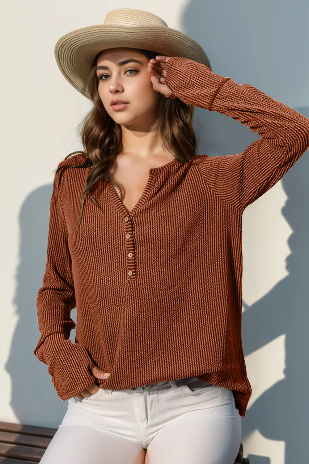 Long sleeve T-shirt with notched thumbholes, full size, trendy design by Trendsi, shown in a casual fit with a comfortable look.